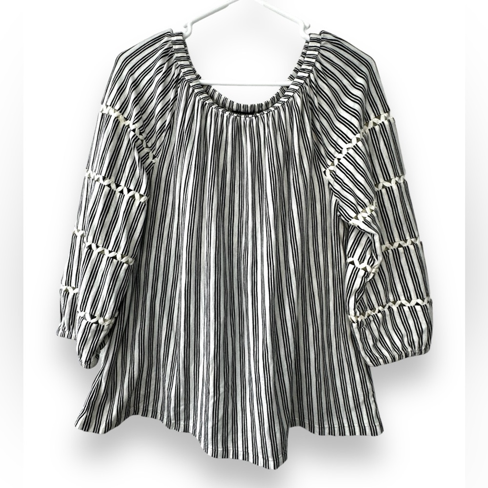 TALBOTS Women Top Black and White Sz Large Petite Striped Blouse Top